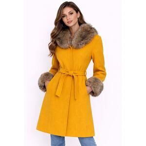 1960s Joseph Magnin Mustard Yellow Wool Coat with Fur Trim small